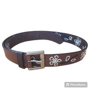 Woolrich Fullgrain Leather Embroidered Beaded Belt Brass Buckle